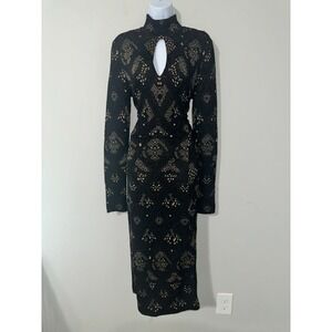 VIKTOR & ROLF CHOKER NECK KEYHOLE WOOL BLEND GOLD‎ MOTIF MIDI DRESS SIZE L